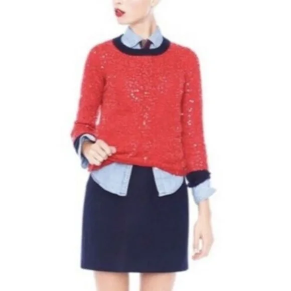 J. CREW Red Sequin Sweater Navy Trim S - Picture 5 of 5